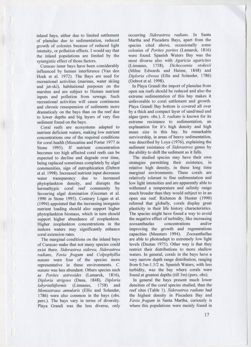 Coral population structure and partial mortality of scleractinian corals: Siderastrea sidera, Colpophyllia natans and Favia fragum. Comparison between inner bays and coral reefs - New Page