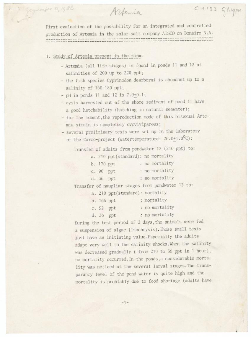 First evaluation of the possibility for an integrated and controlled production of Artemia in the solar salt company AISCO on Bonaire N.A. - New Page