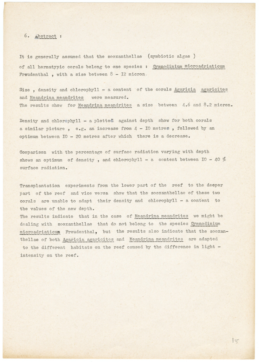 Grootte, Dichtheid en Chlorophylgehalte van de zooxanthellen van de koralen Agaricia agaricites en Meandrina meandrites - New Page