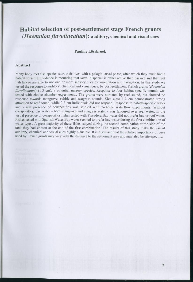 z Habitat selection of post-settlement stage French grunts (Haemulon flavolineatum) - auditory , chemical, and visual cues - New Page