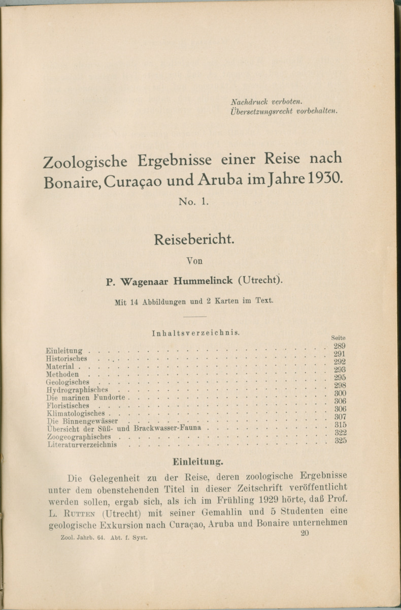 Zoologische Ergebnisse einer Reise nach Bonaire, Curacao und  Aruba im Jahre 1930 - 1. Teil - New Page