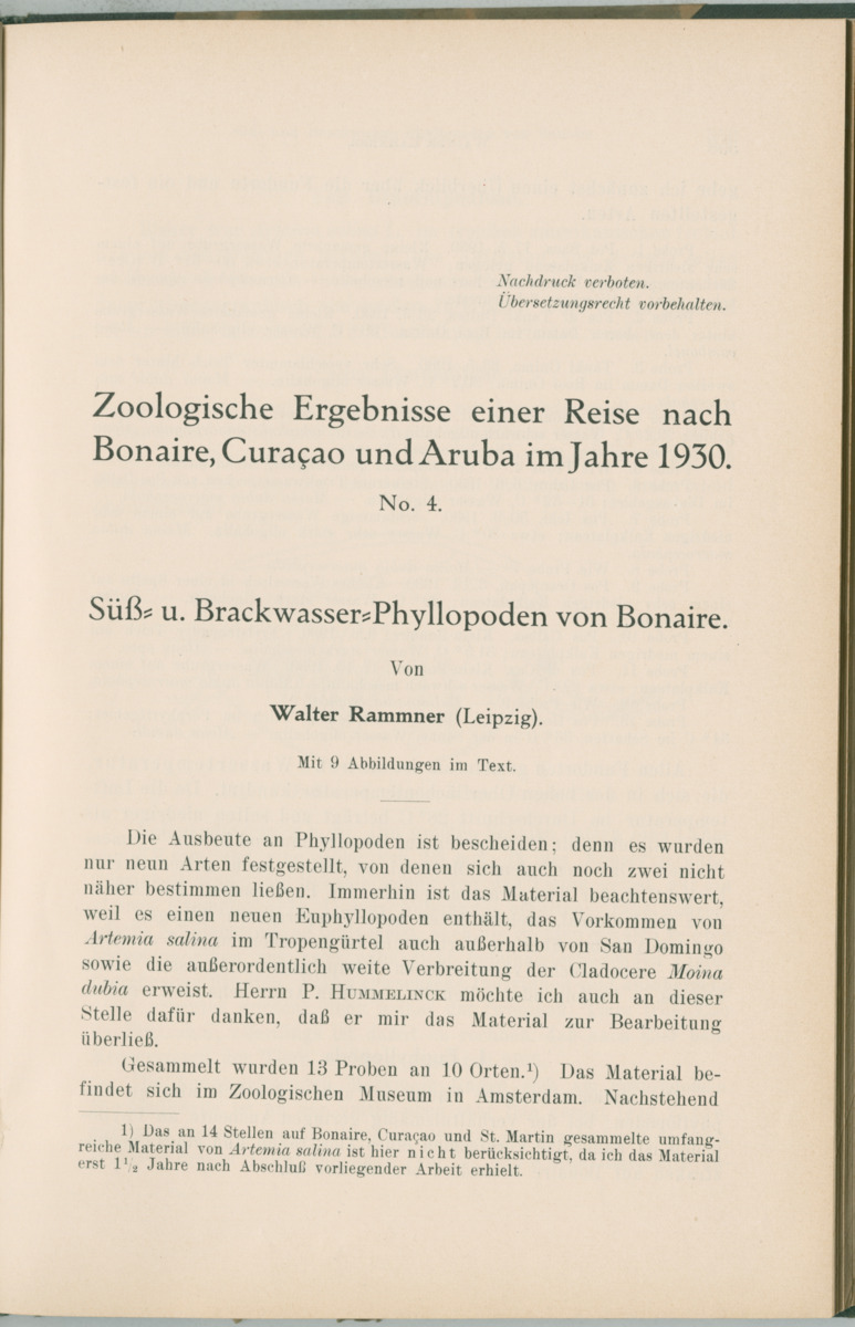 Zoologische Ergebnisse einer Reise nach Bonaire, Curacao und  Aruba im Jahre 1930 - 1. Teil - New Page