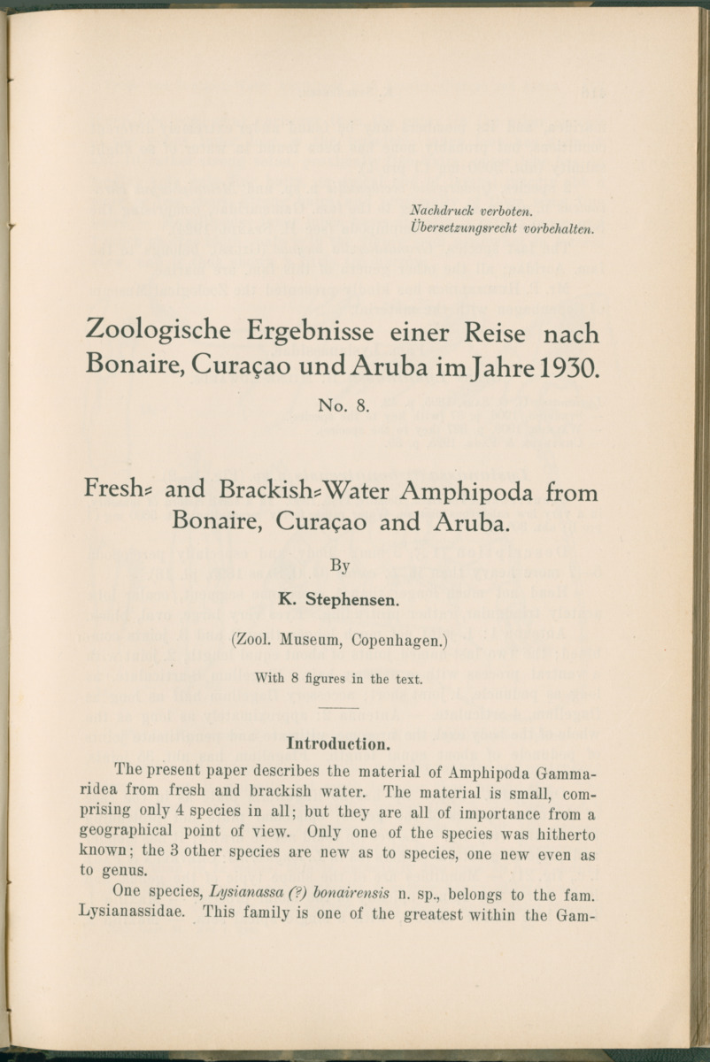 Zoologische Ergebnisse einer Reise nach Bonaire, Curacao und  Aruba im Jahre 1930 - 1. Teil - New Page