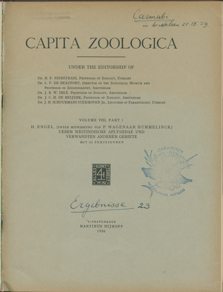 Ueber Westindische Aplysiidae und verwandten anderer gebiete - Capita Zoologica Vol VIII, part 1 (Zoologische Ergebnisse einer Reise nach Bonaire, Curacao und Aruba, nr 23) - New Page