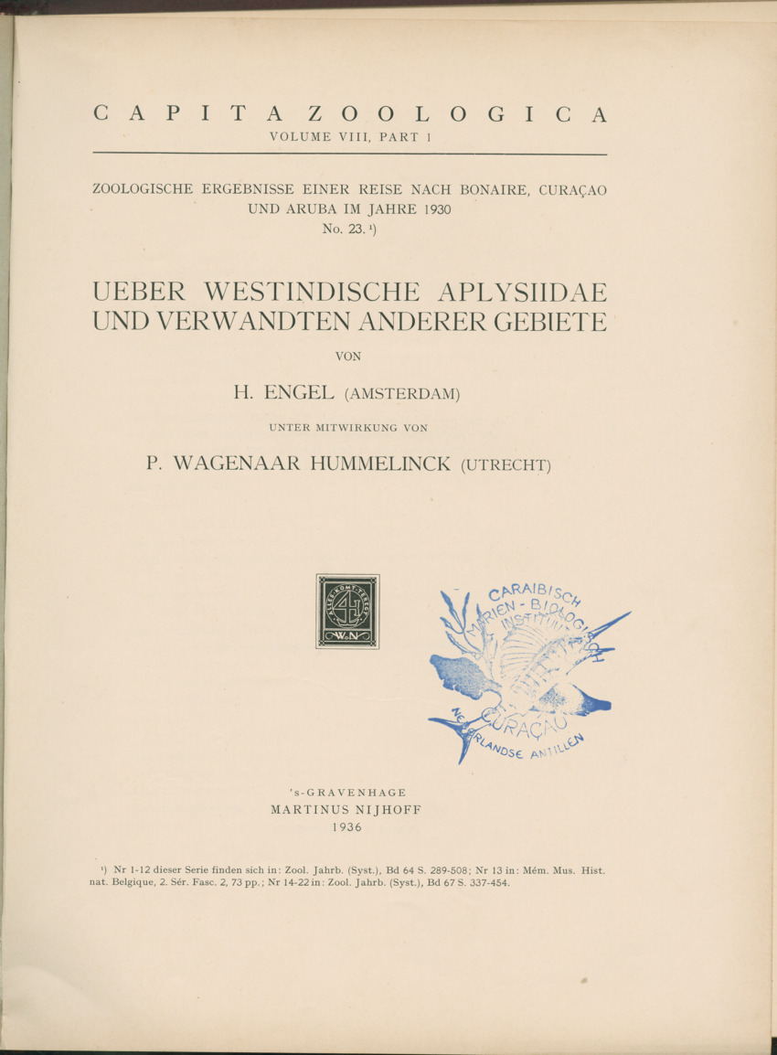 Ueber Westindische Aplysiidae und verwandten anderer gebiete - Capita Zoologica Vol VIII, part 1 (Zoologische Ergebnisse einer Reise nach Bonaire, Curacao und Aruba, nr 23) - New Page