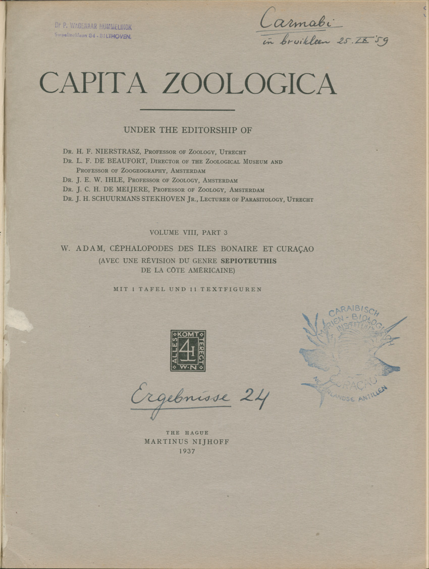 Cephalopodes des iles Bonaire et Curacao (avec un revision du genre Sepiotheutis de la cote Americaine) - Capita Zoologica Vol VIII, part 3 (Zoologische Ergebnisse einer Reise nach Bonaire, Curacao und Aruba, nr 24) - New Page