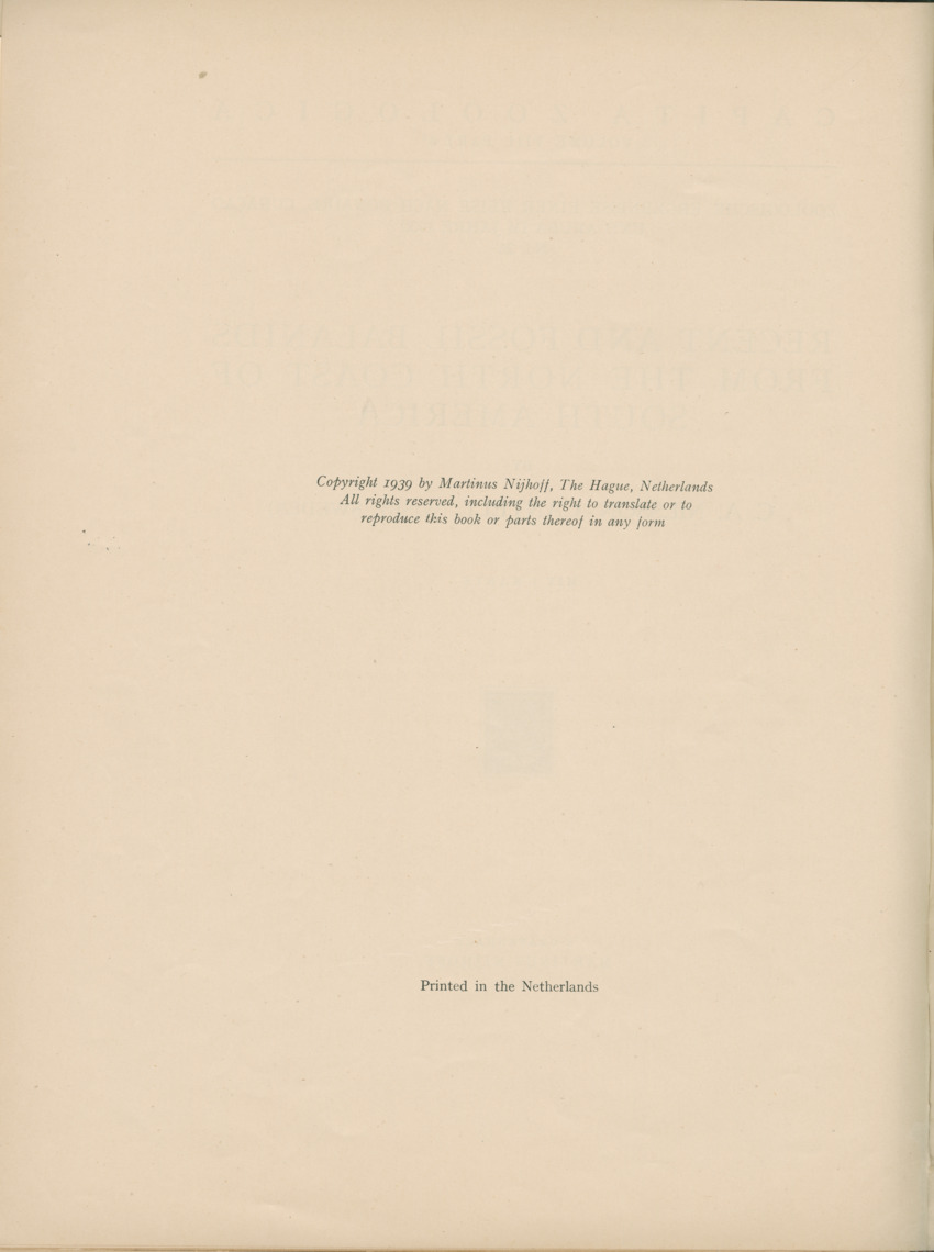 Recent and fossil Balanids from the north coast of South  America - Capita Zoologica Vol VIII, part 4-3 (Zoologische Ergebnisse einer Reise nach Bonaire, Curacao und Aruba, nr 26) - New Page