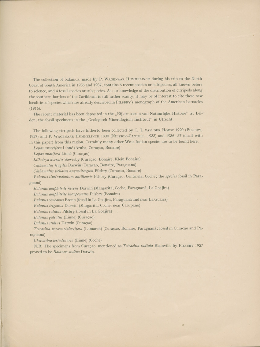 Recent and fossil Balanids from the north coast of South  America - Capita Zoologica Vol VIII, part 4-3 (Zoologische Ergebnisse einer Reise nach Bonaire, Curacao und Aruba, nr 26) - New Page