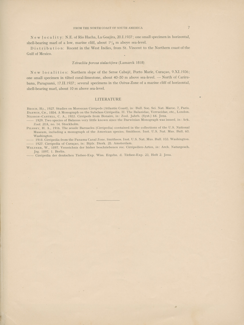 Recent and fossil Balanids from the north coast of South  America - Capita Zoologica Vol VIII, part 4-3 (Zoologische Ergebnisse einer Reise nach Bonaire, Curacao und Aruba, nr 26) - New Page